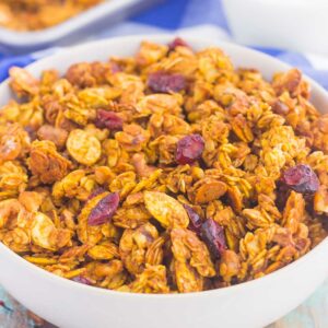 pumpkin spice granola in a white bowl