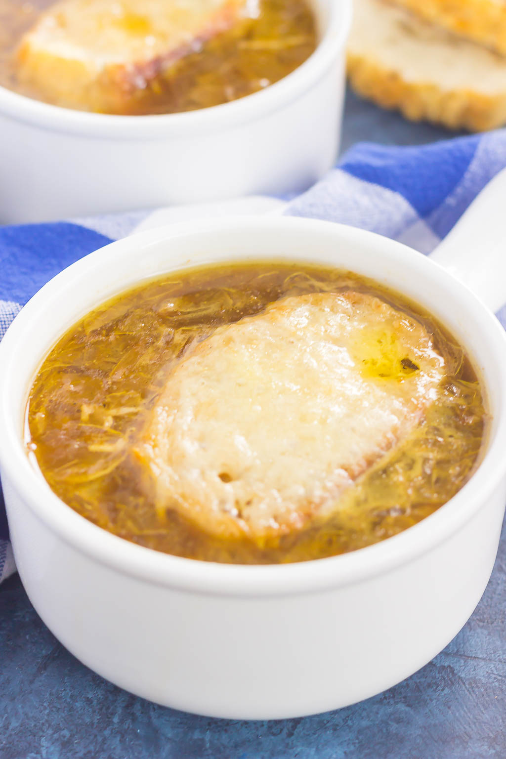 French Onion Soup is loaded with caramelized onions, a rich and savory broth, and just the right amount of spices. It takes just minutes to prepare, letting your stove do the rest of the work. Topped with a piece of French bread and smothered with melted cheese, this is the ultimate soup to warm you up on a chilly day!
