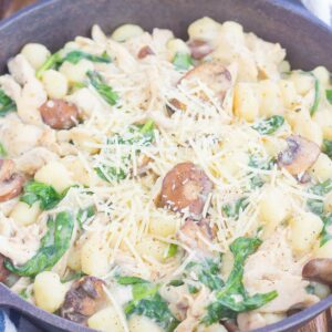 This One Pan Chicken and Spinach Gnocchi is perfect for an easy weeknight meal. Tender gnocchi is paired with shredded chicken, mushrooms and fresh spinach, and then tossed in a light parmesan cream sauce. Simple to make and full of flavor, this comforting dish will be a favorite all year long!