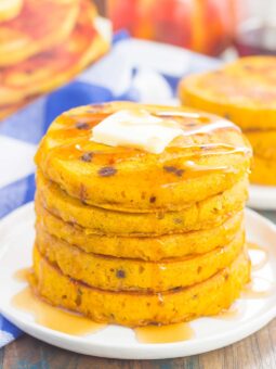These Pumpkin Chocolate Chip Pancakes make a deliciously cozy breakfast for fall. Filled with sweet pumpkin and bursting with chocolate chips, these simple pancakes are soft, fluffy and so easy to make!