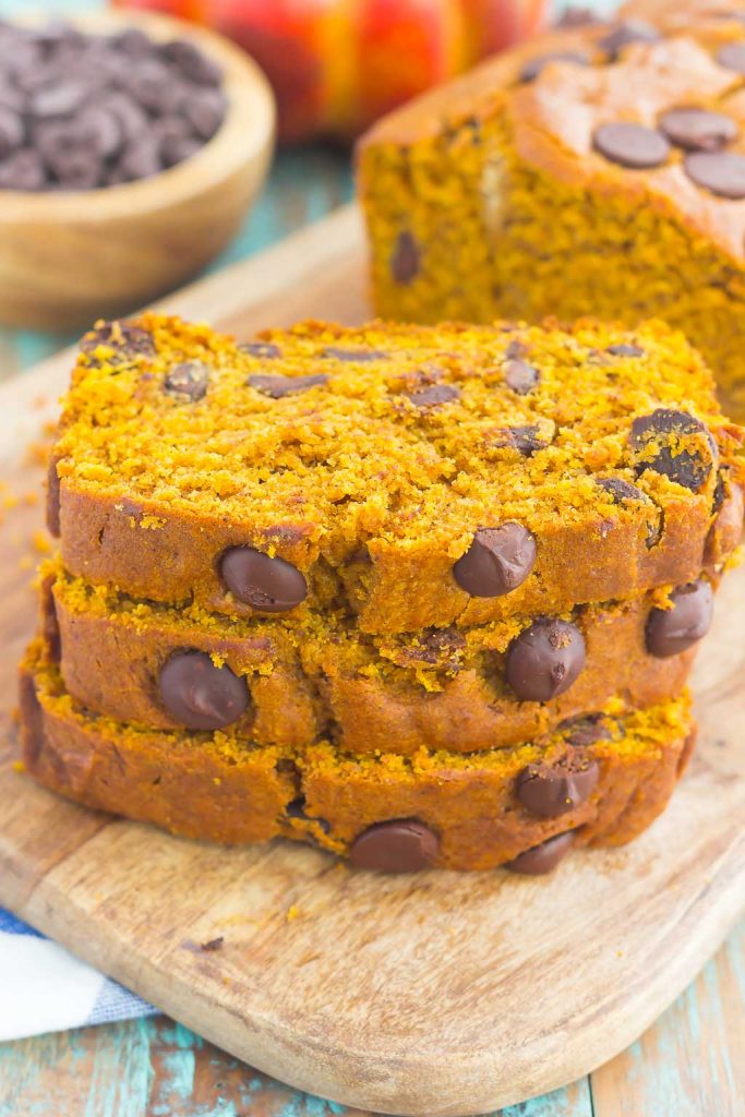 stacked sliced of chocolate chip pumpkin bread
