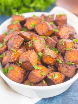 These Roasted Cinnamon Brown Sugar Sweet Potatoes make a deliciously simple side dish. Sweet cinnamon and brown sugar are tossed with sweet potatoes and roasted until crispy on the outside and tender on the inside. Loaded with flavor and easy to make, this dish is perfect for sweet potato lovers everywhere!