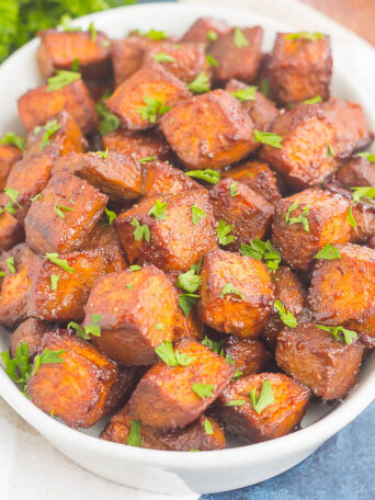 These Roasted Cinnamon Brown Sugar Sweet Potatoes make a deliciously simple side dish. Sweet cinnamon and brown sugar are tossed with sweet potatoes and roasted until crispy on the outside and tender on the inside. Loaded with flavor and easy to make, this dish is perfect for sweet potato lovers everywhere!