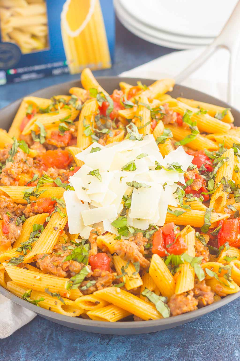 Italian sausage penne pasta in large bowl