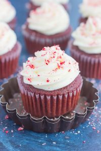 peppermint red velvet cupcake in a tin