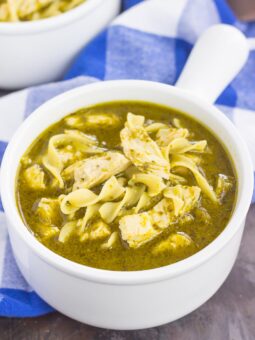 This Pesto Chicken Noodle Soup is made in one pot and ready in just 30 minutes! Filled with rotisserie chicken, tender noodles and enveloped in a simple pesto chicken broth, this easy dish is loaded with flavor and perfect for just about any time!