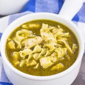 This Pesto Chicken Noodle Soup is made in one pot and ready in just 30 minutes! Filled with rotisserie chicken, tender noodles and enveloped in a simple pesto chicken broth, this easy dish is loaded with flavor and perfect for just about any time!