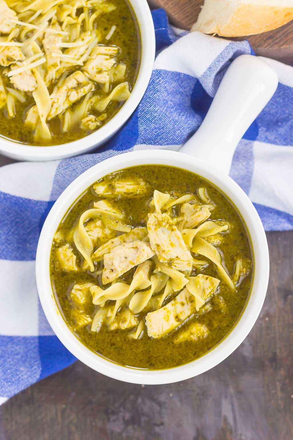 This Pesto Chicken Noodle Soup is made in one pot and ready in just 30 minutes! Filled with rotisserie chicken, tender noodles and enveloped in a simple pesto chicken broth, this easy dish is loaded with flavor and perfect for just about any time!