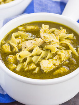 This Pesto Chicken Noodle Soup is made in one pot and ready in just 30 minutes! Filled with rotisserie chicken, tender noodles and enveloped in a simple pesto chicken broth, this easy dish is loaded with flavor and perfect for just about any time!