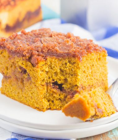 This Gluten Free Pumpkin Cinnamon Crumb Cake requires just a few ingredients and is ready in no time. Fluffy pumpkin cake is swirled with a sweet cinnamon streusel and then baked until golden. This easy cake is perfect to serve at all of your holiday gatherings!