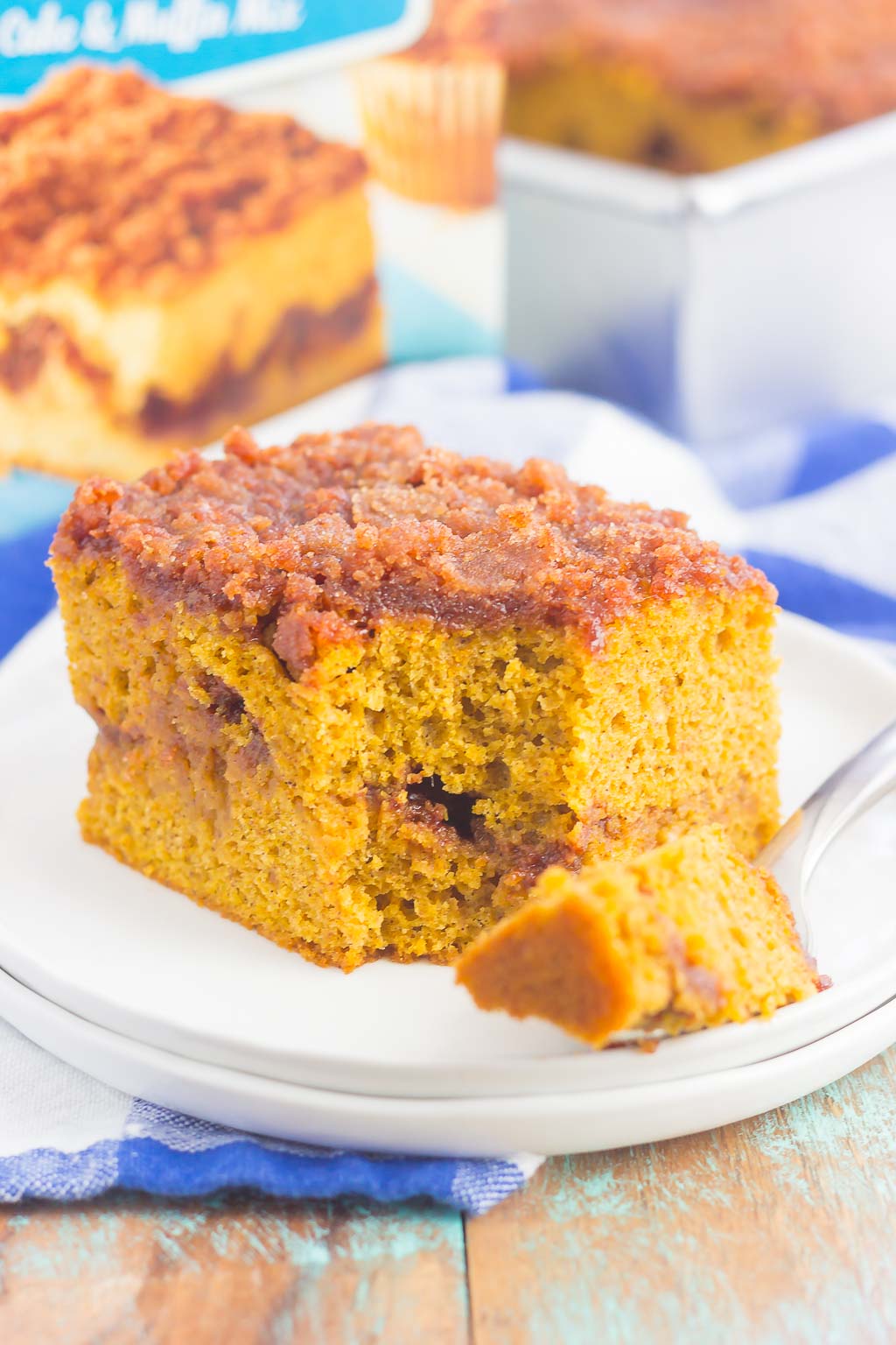 This Gluten Free Pumpkin Cinnamon Crumb Cake requires just a few ingredients and is ready in no time. Fluffy pumpkin cake is swirled with a sweet cinnamon streusel and then baked until golden. This easy cake is perfect to serve at all of your holiday gatherings! #cake #pumpkincake #crumbcake #glutenfree #glutenfreecake #glutenfreepumpkincake #pumpkincrumbcake #pumpkinrecipes #pumpkindessert #dessert