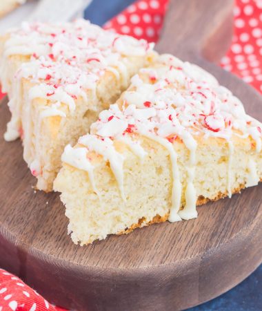 These White Chocolate Peppermint Scones are light, fluffy and bursting with flavor. Filled with hints of peppermint and topped with a white chocolate and peppermint glaze, these soft scones make the best holiday breakfast or dessert!