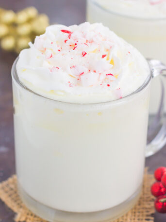 cup of white hot chocolate with peppermint