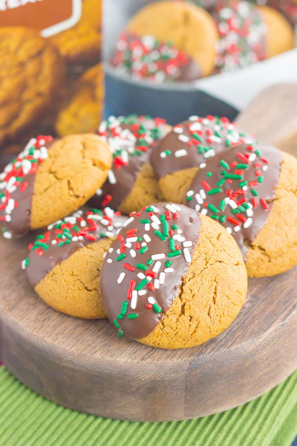 These Dark Chocolate Dipped Gingerbread Cookies are soft, sweet and perfect for the holidays. Made in one bowl and topped with decadent dark chocolate, this easy cookie will quickly become a new favorite!