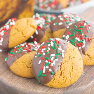 These Dark Chocolate Dipped Gingerbread Cookies are soft, sweet and perfect for the holidays. Made in one bowl and topped with decadent dark chocolate, this easy cookie will quickly become a new favorite!