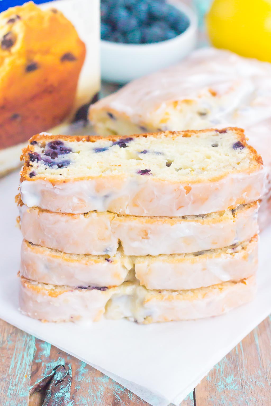 This Lemon Blueberry Bread is perfectly sweet, moist, and simple to make. An easy lemon glaze adds a touch of sweetness that makes this bread perfect for breakfast or dessert!