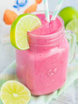 This Raspberry Lime Smoothie is thick, creamy, and ready in less than five minutes. Packed with sweet raspberries, tangy lime, and simple ingredients, this nutritious drink is perfect for a quick breakfast or on-the-go snack!