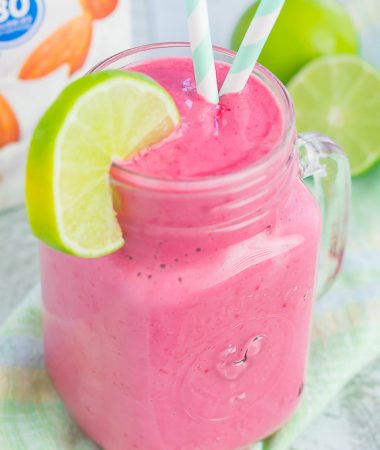 This Raspberry Lime Smoothie is thick, creamy, and ready in less than five minutes. Packed with sweet raspberries, tangy lime, and simple ingredients, this nutritious drink is perfect for a quick breakfast or on-the-go snack!