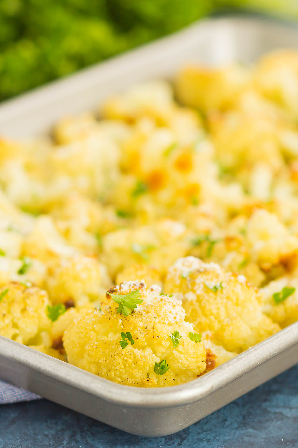 roasted garlic cauliflower on a baking tray 