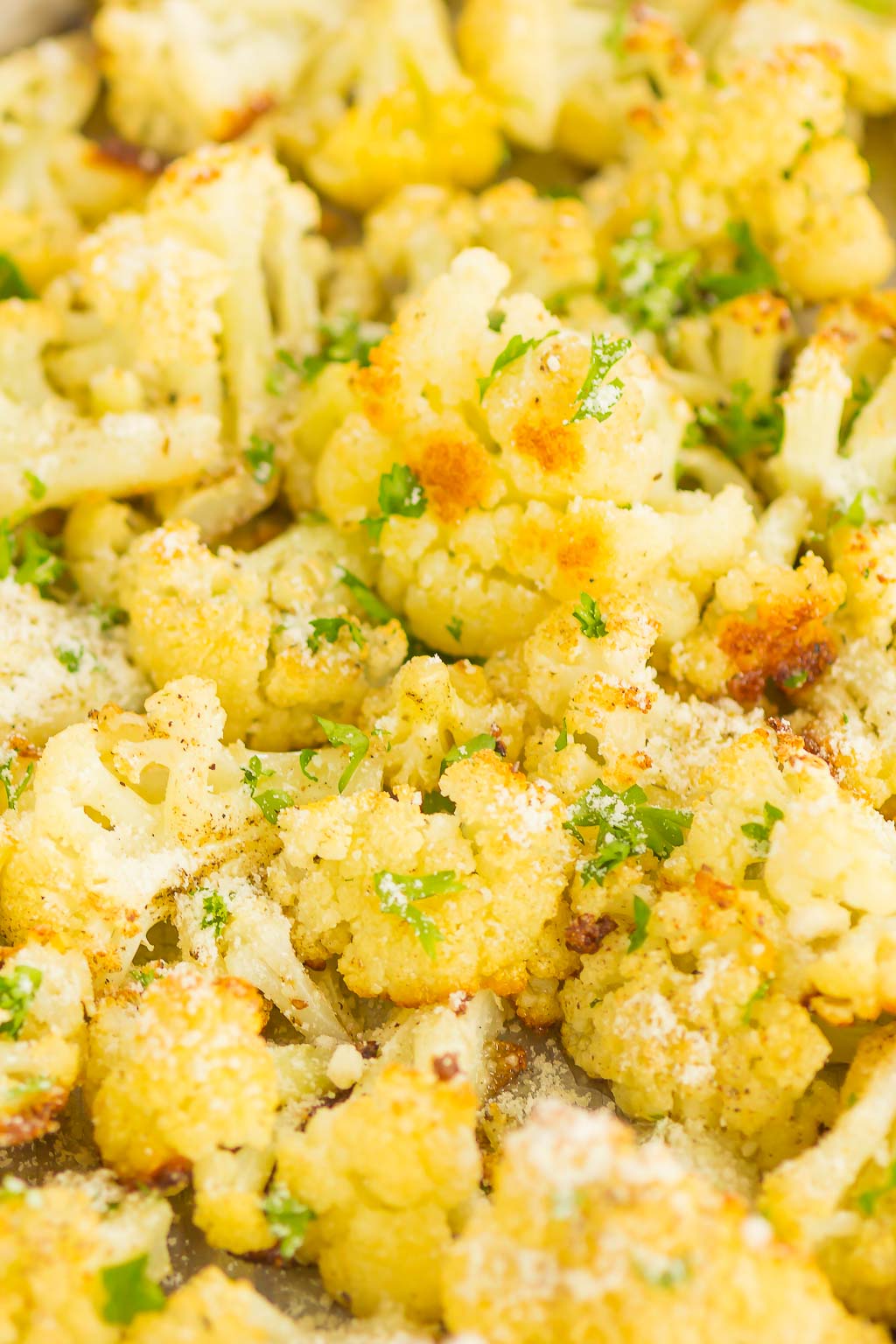 close up of roasted garlic cauliflower