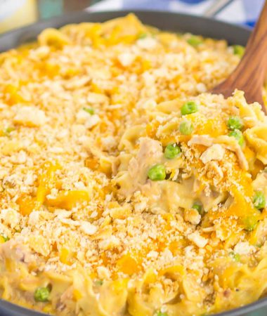 This Tuna Skillet Casserole is an easy, one pan meal that's ready in just 30 minutes. Creamy, warm and hearty, this classic dish will quickly become a dinner-time favorite!