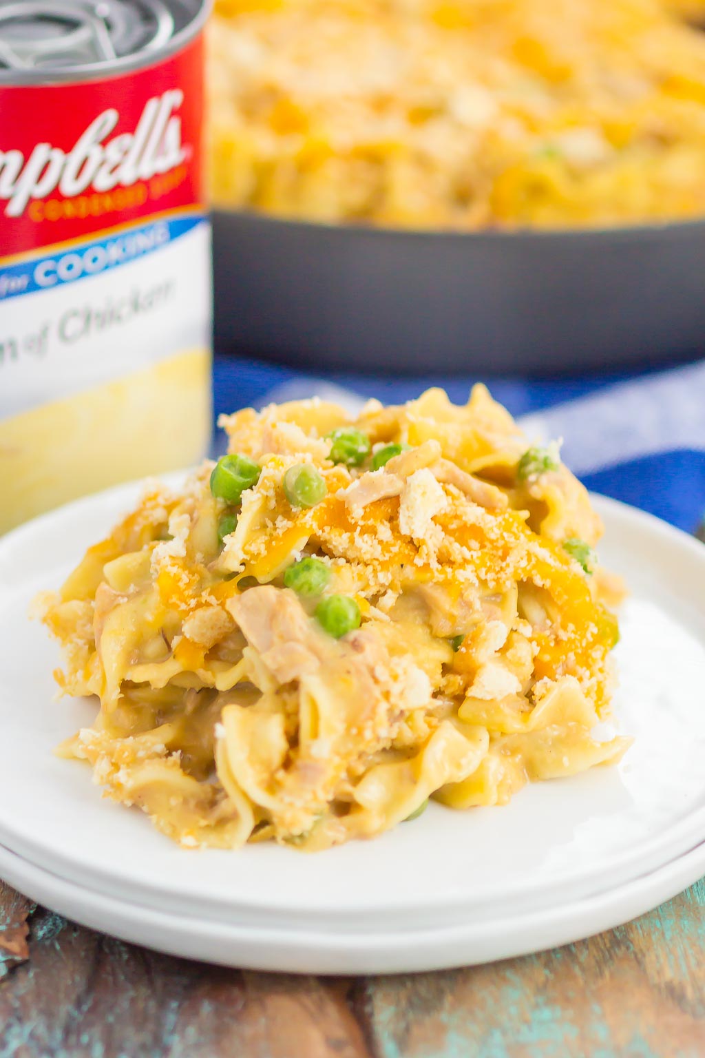 a portion of stovetop tuna noodle casserole on a white dessert plate. 