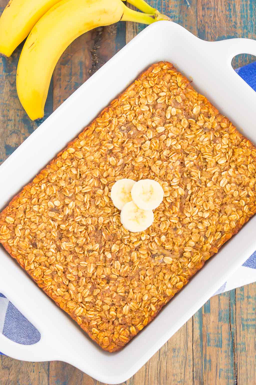 overhead view of healthy baked oatmeal in baking dish