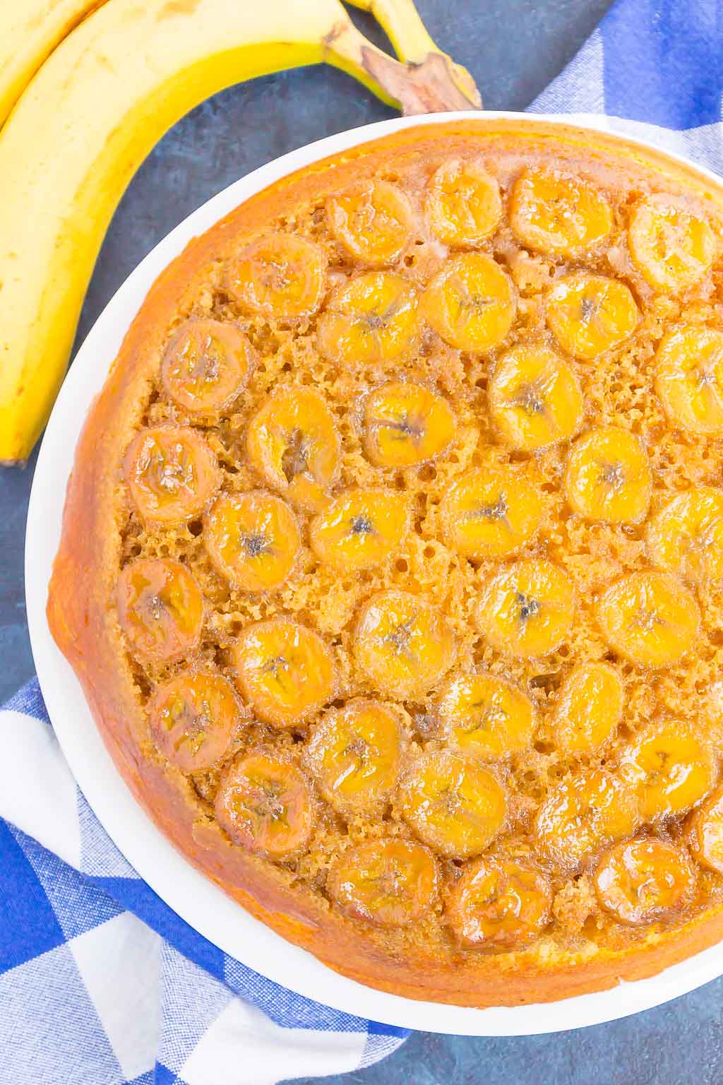 overhead view of a banana upside down cake