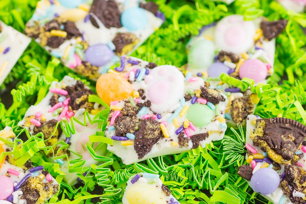 Easter Bunny Bark is filled with creamy white chocolate, Oreo cookies, and your favorite candy. Easy to make and ready in no time, this festive treat is perfect for springtime!