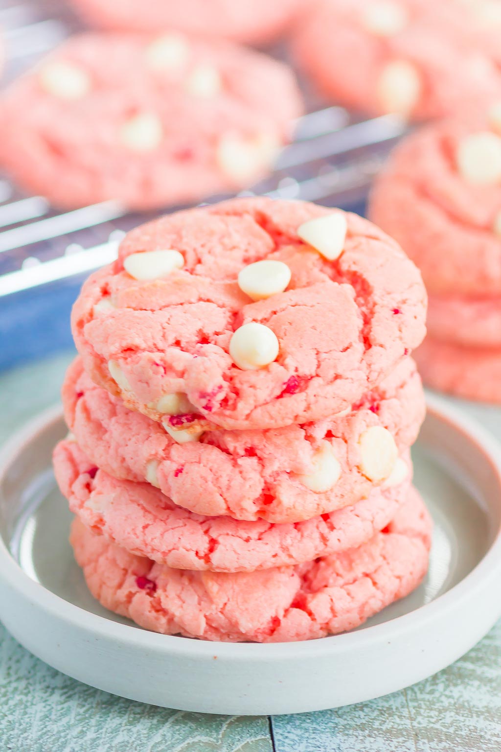 stack of strawberry cookies made with cake mix on white plate