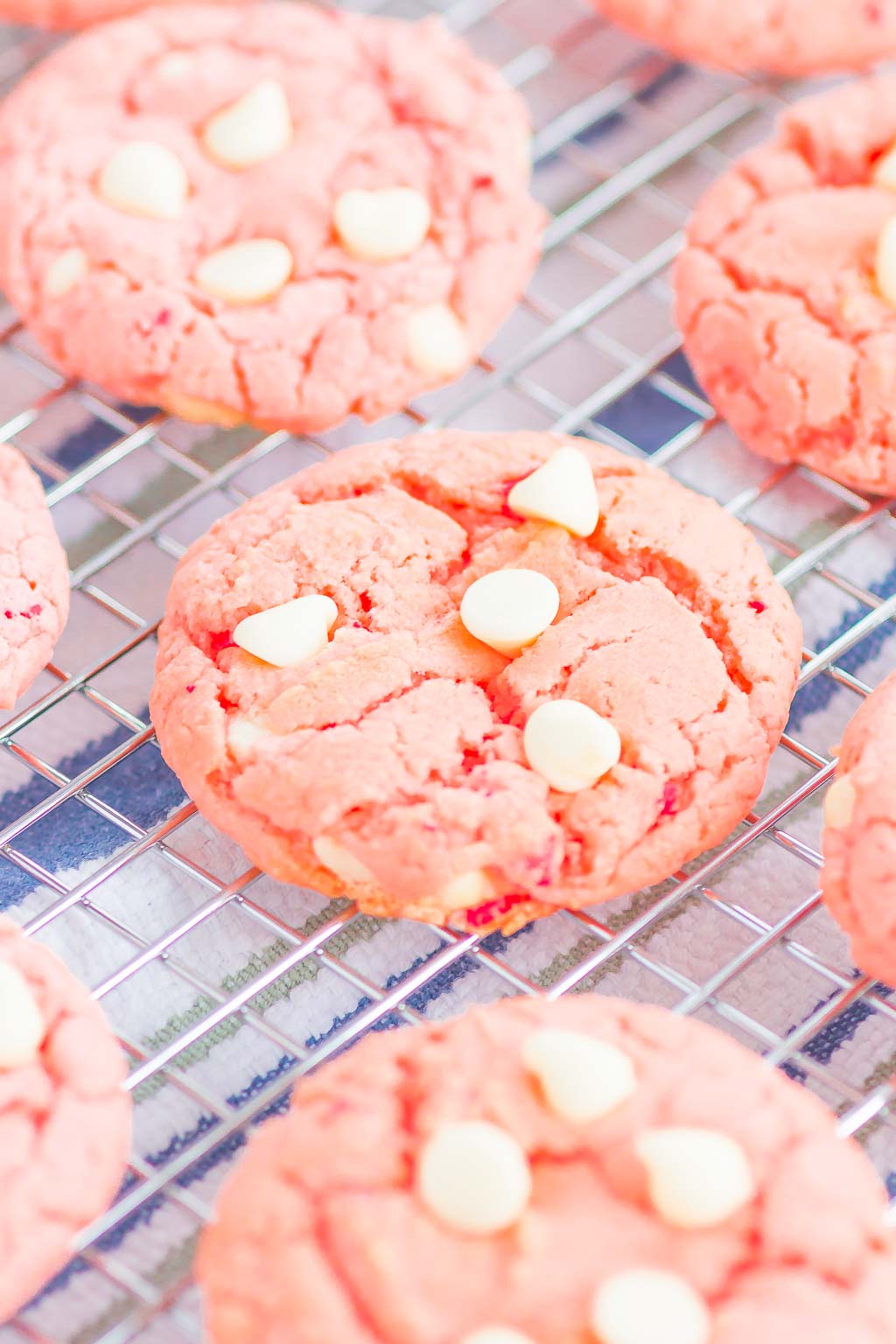 strawberry cake mix cookies on cooling rack