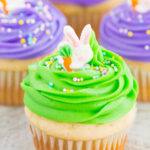 Easter Bunny Cupcakes are an easy and festive dessert to make for spring. A soft and moist yellow cupcake batter is baked until golden and then topped with a simple frosting, pastel sprinkles and a candy bunny. Fun, fast, and flavorful, these adorable cupcakes are perfect for Easter!