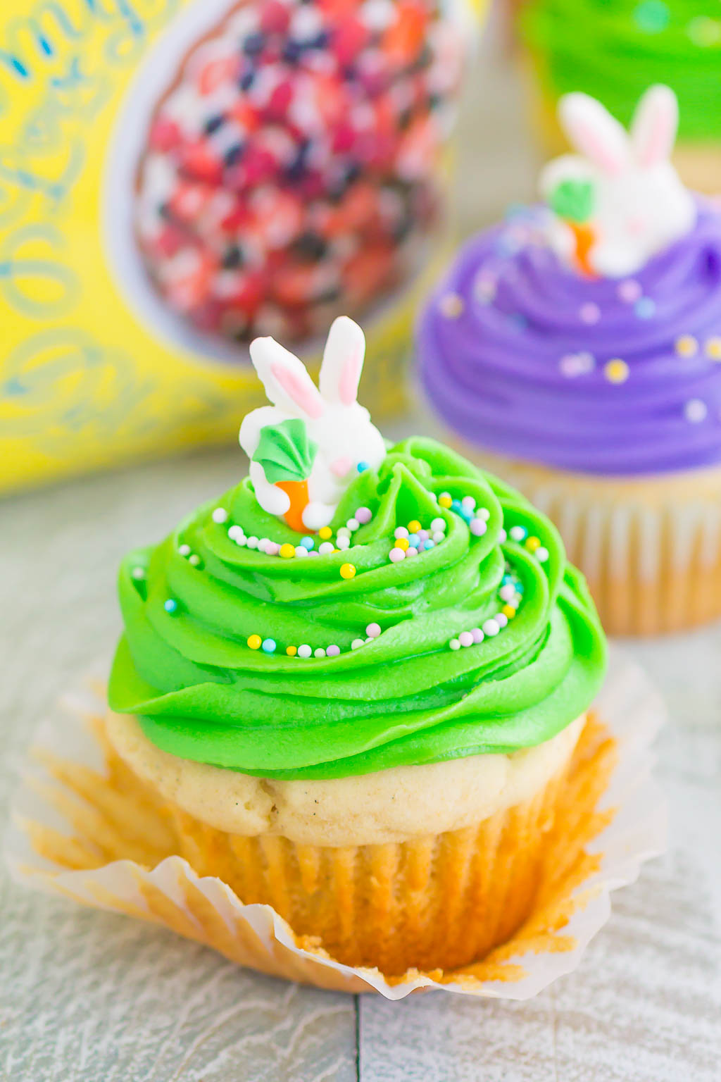 A cute Easter cupcake with the cupcake liner pulled down 