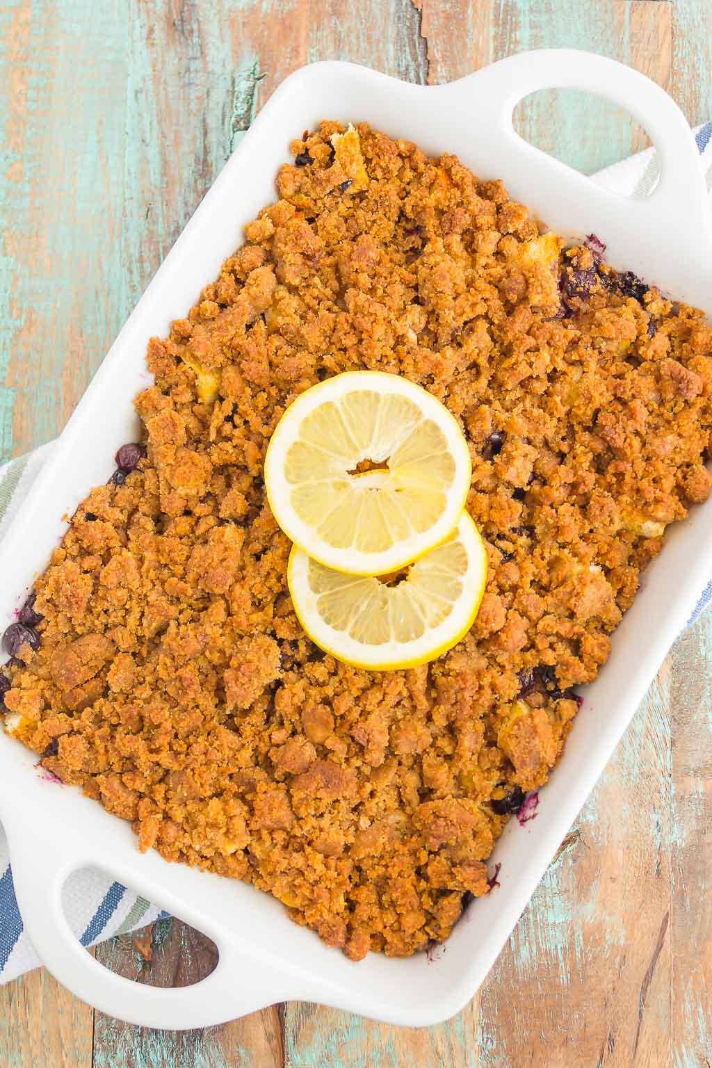 Overhead view of a baked overnight blueberry french toast casserole. 