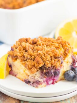 This Blueberry Lemon French Toast Bake is a simple, make-ahead breakfast that's loaded with flavor. Filled with slices of french bread, sweet blueberries and sprinkled with an irresistible streusel topping, this dish is perfect to assemble the night before and then bake the next morning!