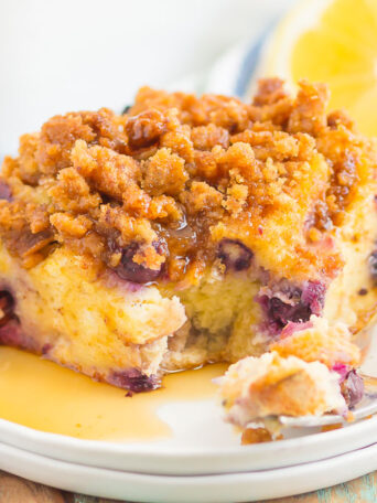 This Blueberry Lemon French Toast Bake is a simple, make-ahead breakfast that's loaded with flavor. Filled with slices of french bread, sweet blueberries and sprinkled with an irresistible streusel topping, this dish is perfect to assemble the night before and then bake the next morning!