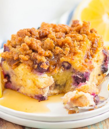 This Blueberry Lemon French Toast Bake is a simple, make-ahead breakfast that's loaded with flavor. Filled with slices of french bread, sweet blueberries and sprinkled with an irresistible streusel topping, this dish is perfect to assemble the night before and then bake the next morning!