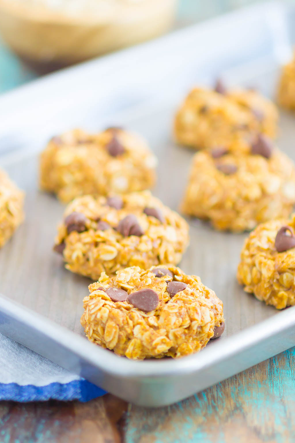 No bake almond butter chocolate chip cookies on a baking sheet. 