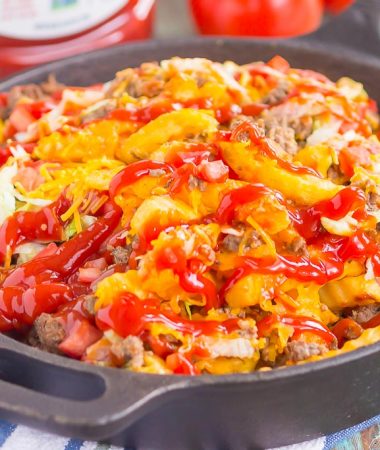 Loaded Cheeseburger Fries taste just like your favorite burger, but in appetizer form. These fries are topped with the classic ingredients of a cheeseburger and are baked to perfection. Easy to make and even better to eat, you'll love the crispy, crunchy, cheesy taste of this fun snack!