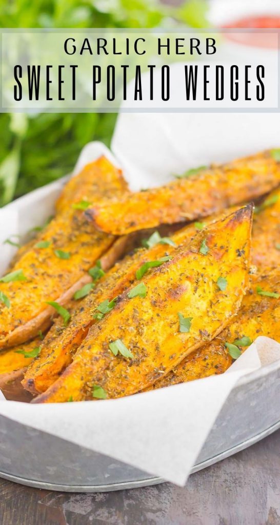These Garlic Herb Sweet Potato Wedges are loaded with flavor and baked until crispy and golden. Made with just a few simple ingredients and ready in no time, these wedges are the perfect side dish for just about any meal!