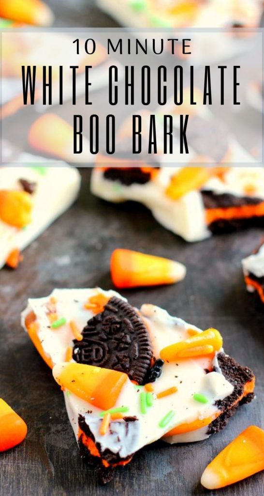 This White Chocolate Boo Bark is is filled with creamy white chocolate, Oreo cookies, and chewy candy corn. It's so easy to make and is the perfect snack to munch on during Halloween! #boobark #halloween #sweet #treat #dessert #halloweendessert #whitechocolaterecipe #chocolatebark