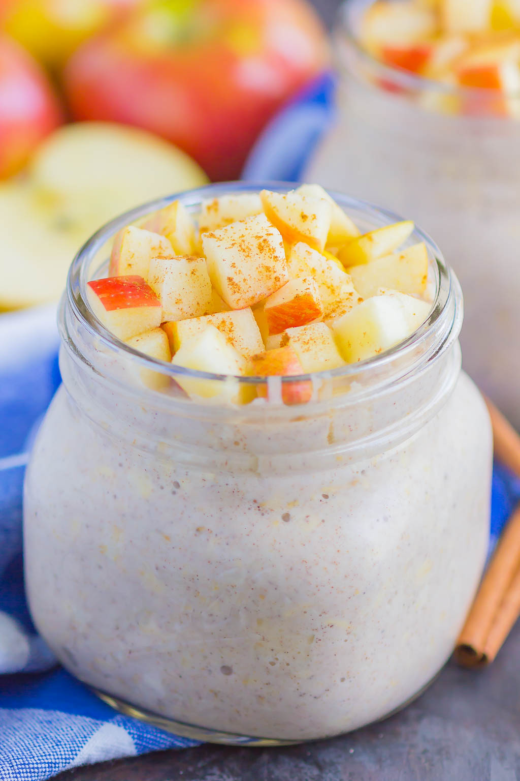 Apple Pie Overnight Oats are a simple, make-ahead breakfast for busy mornings. With just five minutes of prep time and no oven required, this hearty dish is filled with cozy flavors and perfect to keep you going all morning long! #overnightoats #oats #oatmeal #appleovernightoats #applepie #applebreakfast #makeahead #makeaheadbreakfast 