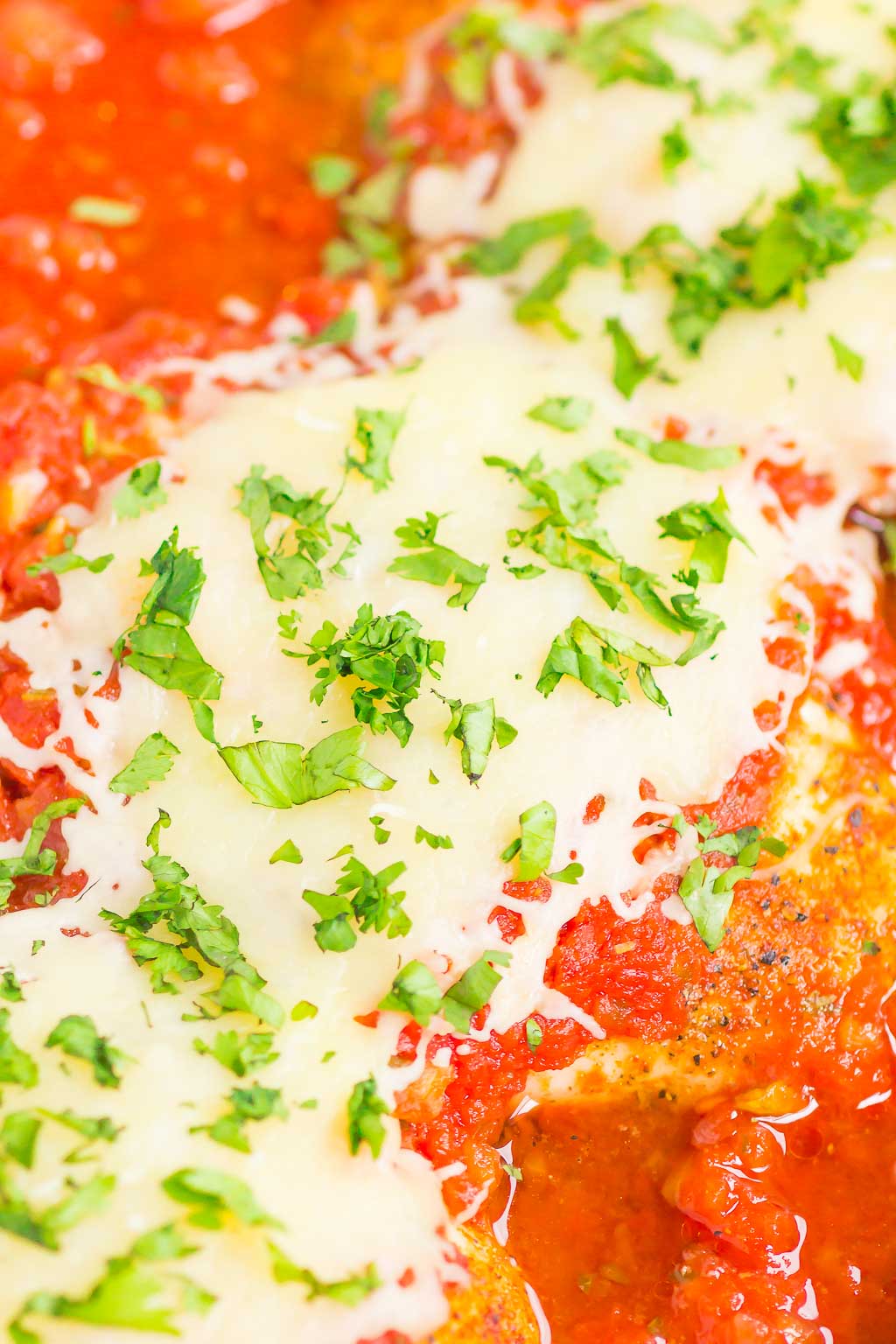 close up of baked salsa chicken topped with melted mozzarella