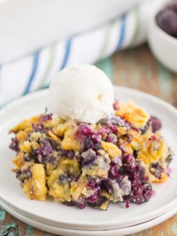This Easy Blueberry Dump Cake is a delicious, three ingredient dessert that tastes just like your favorite cobbler. Simply dump everything in a pan, bake, and then get ready to wow your tastebuds. Perfect when served warm with a big scoop of vanilla ice cream!