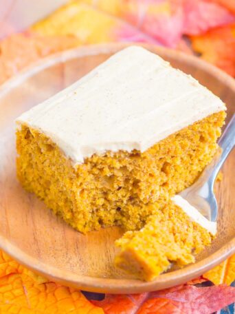 a bite of pumpkin spice cake on a fork