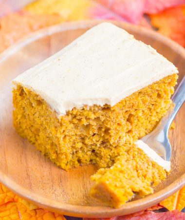a bite of pumpkin spice cake on a fork