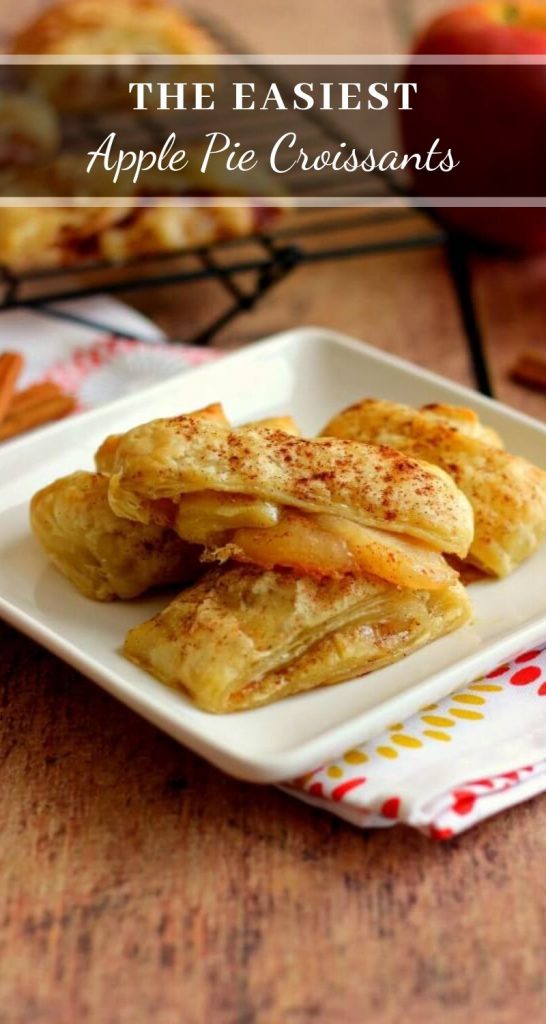 These Easy Apple Pie Croissants taste just like apple pie, but without all of the work. With just a few ingredients and hardly any prep time, this simple dessert is loaded with flavor and perfect for breakfast or dessert! #applepie #applepierecipes #applecroissants #croissantrecipe #appledessert #applebreakfast #applerecipe #falldesserts #fallbreakfast #fallrecipe #desserts #puffpastryrecipes #puffpastrydessert