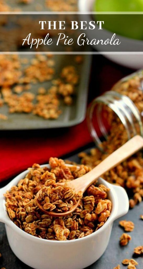 This Apple Pie Granola recipe is jam-packed with hearty oats, walnuts, and cozy fall spices. It makes for a great snack or healthy breakfast and tastes like apple pie, plus it's gluten free! #granola #apples #applegranola #applepie #fallrecipe #fallbreakfast #fallsnack #applesnack #snack #breakfast #glutenfreebreakfast #glutenfreegranola