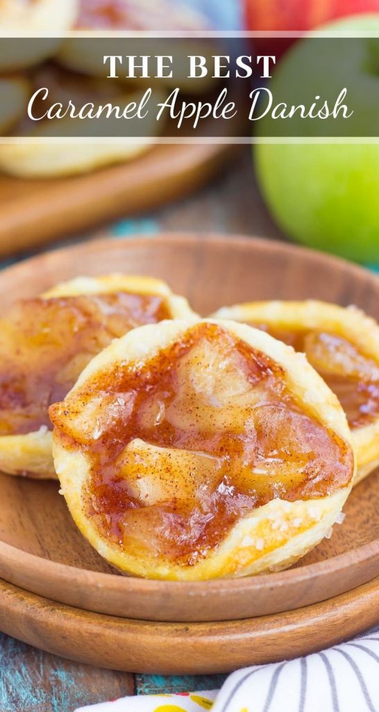 These Caramel Apple Danish are filled with tender apples that are sprinkled with cinnamon and brown sugar, and then topped with a rich, caramel sauce. Made from a puff pastry base and simple ingredients, you can have this easy breakfast or dessert ready in less than 30 minutes! #caramel #apple #caramelapple #danish #appledanish #applebreakfast #appledessert #easybreakfast #easydessert #fallbreakfast #falldessert #dessert #breakfast #recipe
