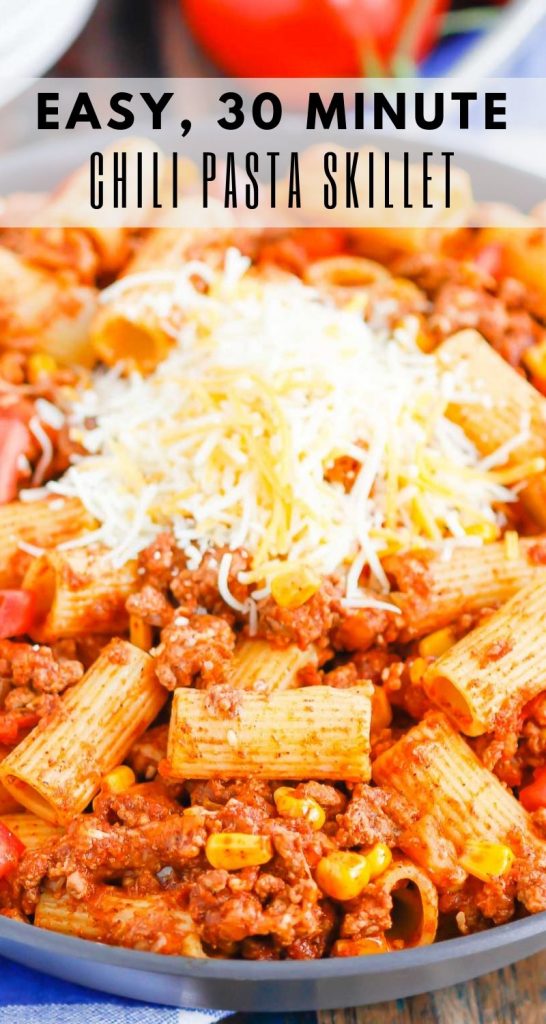 There is no better comfort food than this Chili with Pasta skillet meal. A comforting combination of ground beef, tomatoes, corn, and pasta come together with the perfect homemade chili seasoning to create an all in one meal you’ll love! #chili #chilipasta #chilipastaskillet #skilletdinner #pasta #easydinner #dinner #comfortfood